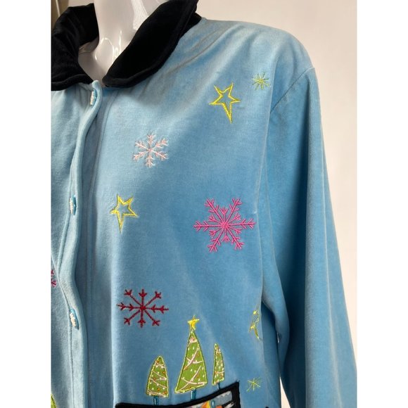 Onque Casuals Christmas Holiday Velour Jacket L Blue Velour Cotton Blend - Picture 3 of 16